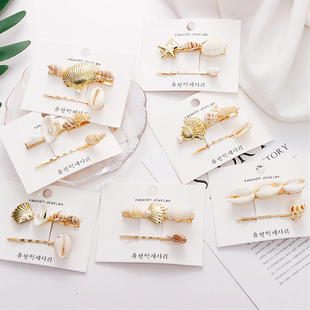 

2Pcs/Set New Design Barrettes Real Shell Conch Starfish Marine Element Hair Clips For Women Girls Hairpins Hair Accessories