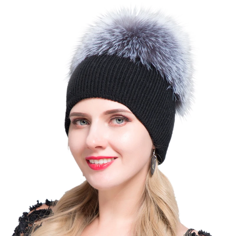 JERYAFUR Russian Autumn winter faba bean cap, men's and women's wool knitted headwear, leisure hat and raccoon fur fox Ski Hat