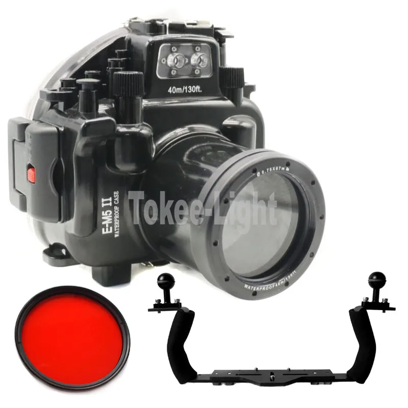

Waterproof Underwater Diving Camera Housing Case for Olympus E-M5 Mark II OMD EM5 II 12-50 f/3.5-6.3 Lens+ 67mm Red filter + Arm