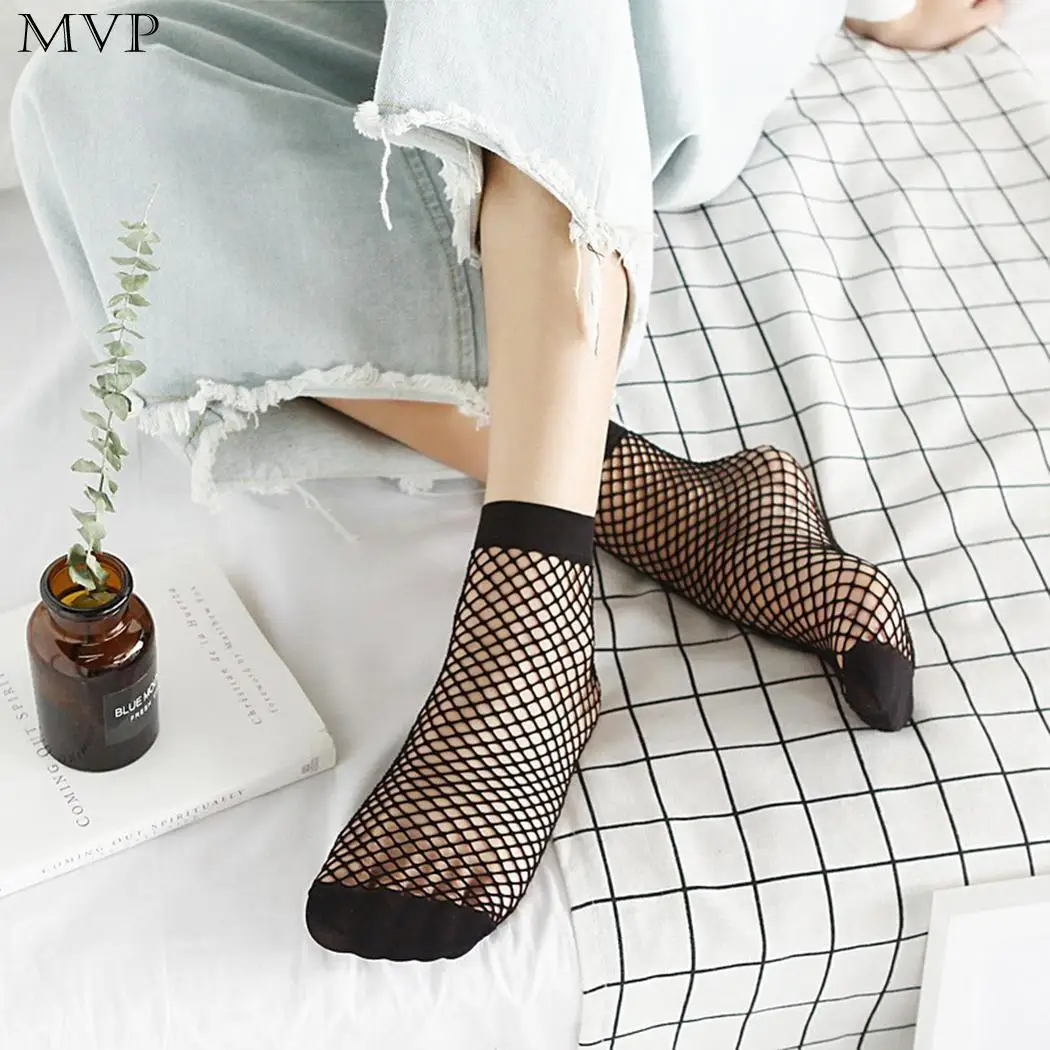 

Women Casual Solid Thin Hollow Mesh Short Socks Fishnet Socks Black