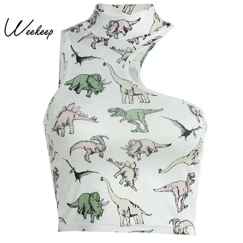 

Weekeep Cartoon Printed One-shoulder Tank Top Sexy Bodycon Summer Bodycon Crop Top 2019 O-neck Streetwear Tank Tops