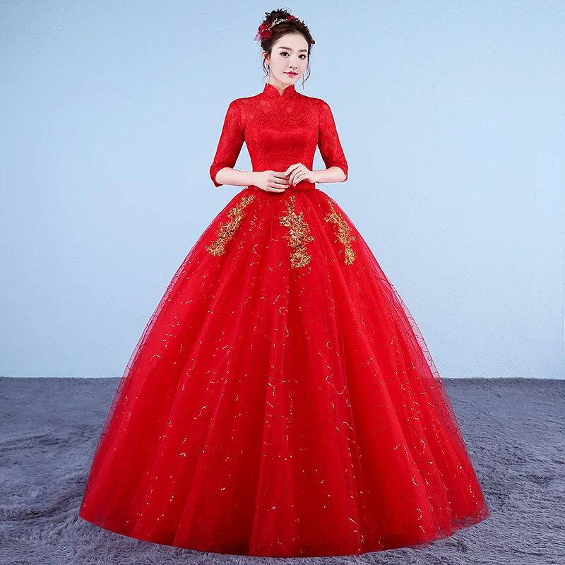 sexy wedding dresses Real Photo Vintage Wedding Dresses 2020 High Neck Korean Style Red Romantic Bride Princess Gold Lace Embroidery Vestido De Novia mermaid wedding dress