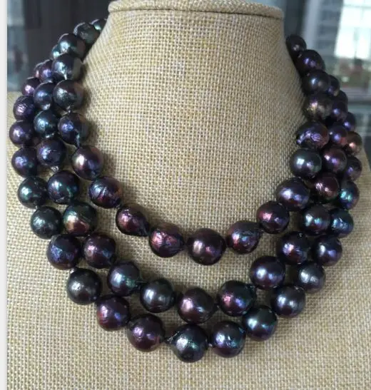 

stunning 12-14mm freshwater baroque black green red pearl necklace 38inch 925silver