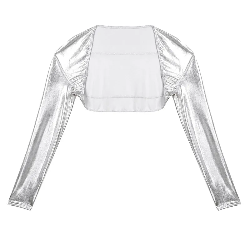 Women Shiny Metallic Long Sleeves Open Front Shrug Bolero Short Crop Cardigan Top Wrap for Stage Performance Aerial or Rave