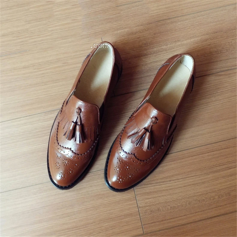 Для мужчин Натуральная кожа Оксфорд обувь мужской ручной работы на плоской подошве винтажные Ретро лоферы с кисточками коричневые