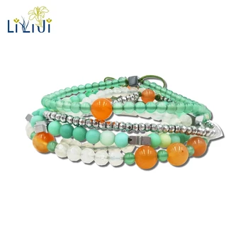 

Lii Ji Unique Natural Stone Green Agates,Carnelians,Hematite Fashion Mutil Color Bracelets 5pcs/set for Men or Women