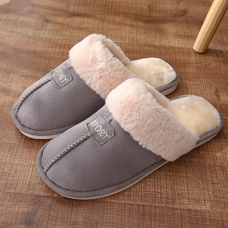 Большие размеры 43-45; меховые тапочки; зимние однотонные теплые домашние тапочки для девочек; повседневная обувь с коротким плюшем на резиновой подошве; женские фабричные магазины - Цвет: Grey
