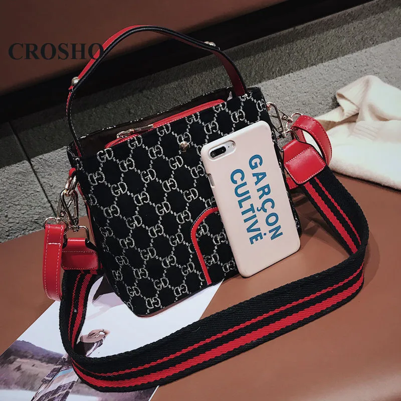 

CROSHO Matching Color Printed Bucket Bag Personality Wide Shoulder Strap Versatile Single Shoulder Crossbody Bag