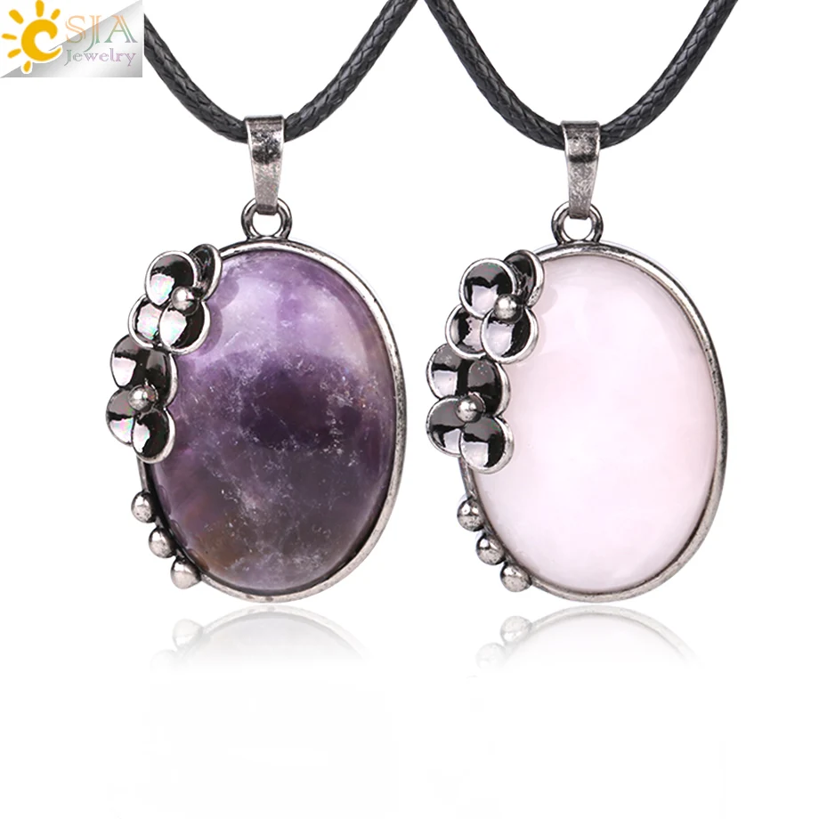 

CSJA Vintage Egg Shaped Natural Stone Pendant Antique Silver Color Plated Pendants Necklaces Flower Charm Jewelry Women Men G093