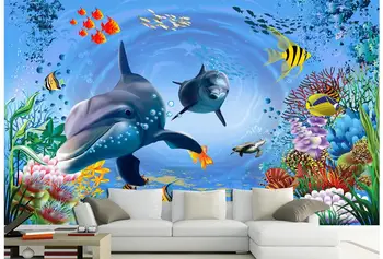 

Custom photo 3d wallpaper Non-woven mural wall sticker 3 d sea World aquarium Dolphins painting 3d wall room murals wallpaper