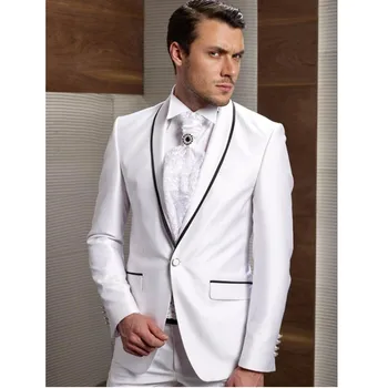 

Groom Tuxedos White Wedding Suits For Men Black Shawl Lapel Groomsman Men Wedding Suits One Button Frim Fit Men (Jacket+Pants)
