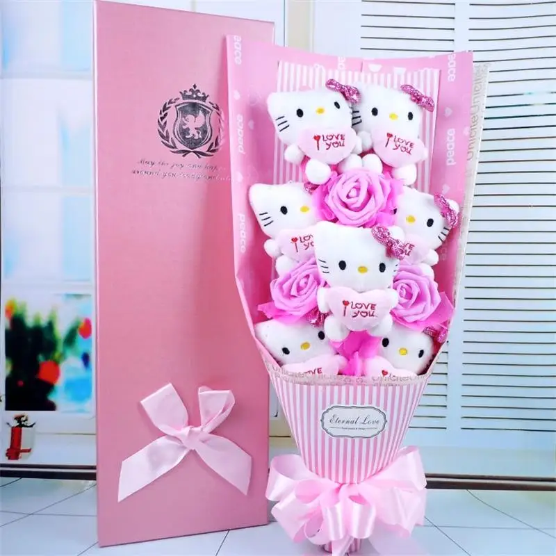 

100% hamdmade 3 simulation flowers+7 hello kitty Stuffed Animal Plush cats Toy cartoon flowers bouquet Valentine's Day gift