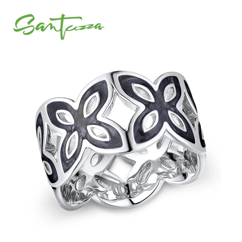 White Rhodium(Black) SANTUZZA элегантное кольцо для женщин Гламурное многоцветное элегантное цветочное полое кольцо модное ювелирное изделие ручной работы с эмалью - Цвет основного камня: White Rhodium(Black)