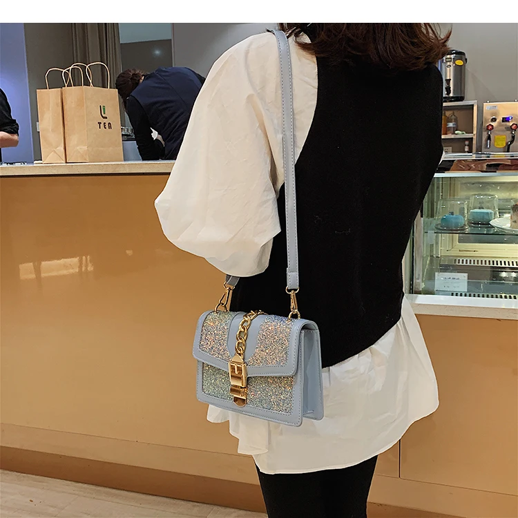 Милая женская квадратная сумка с блестками, модная Новая высококачественная женская дизайнерская сумка из искусственной кожи, сумка на плечо с цепочкой