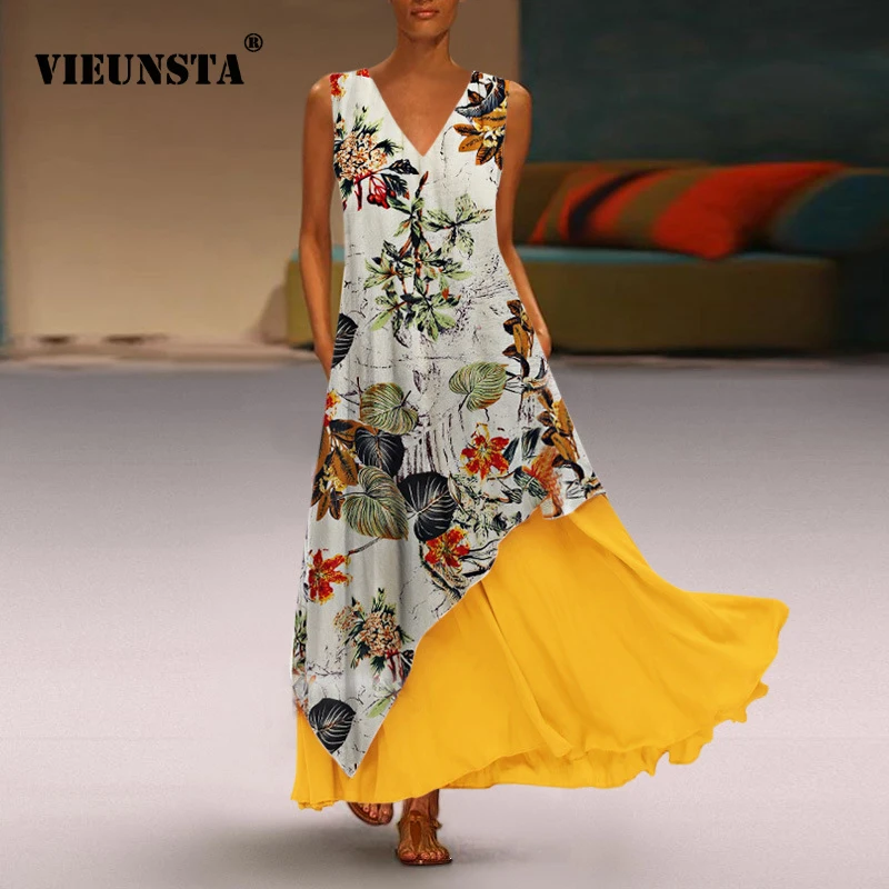 

VIEUNSTA Robe Two Pieces Set Women Ruffle Boho Long Dress 2019 New Summer V-neck Floral Print Party Dress Elegant Ladies Dresses