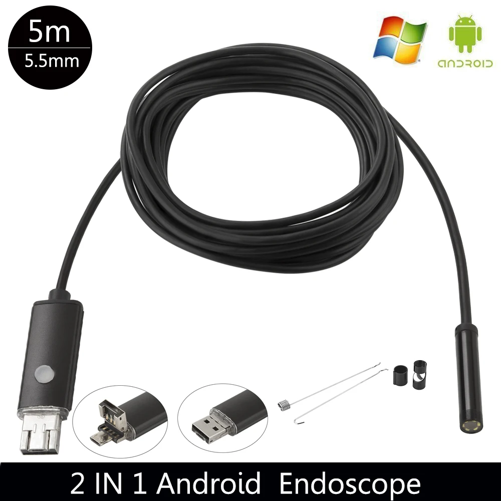 USB эндоскоп 5 мм шт.-20 шт. камера Android 1/2/5 м гибкая трубка змеи обнаружение смартфона