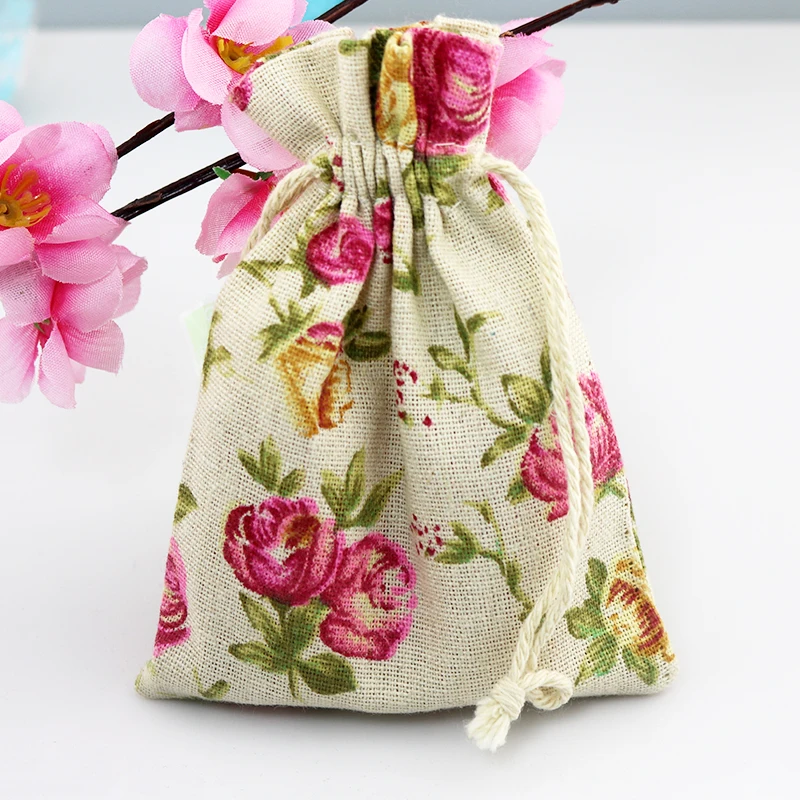 50pcs/lot Small Cotton Bags 10x14cm Pink Flowers Design Wedding Drawstring Gift Bag Pouches Nice ...