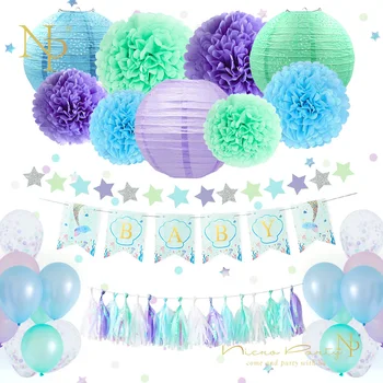 

Nicro 54Pcs/Set Baby Purple Green Blue Paper Flower PomPom Balloons Tassel Set Baby Shower Party Decoration DIY Decor #Set49