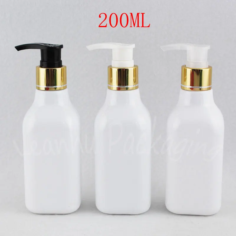200ML White Square Plastic Bottle With Gold Lotion Pump , 200CC Makeup