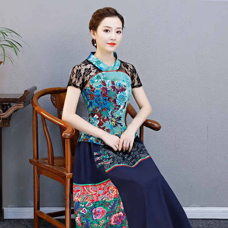 

Elegant Chinese National Style Cotton Linen Shirt Women Short Sleeve Spring Summer Lace Stitching Tops