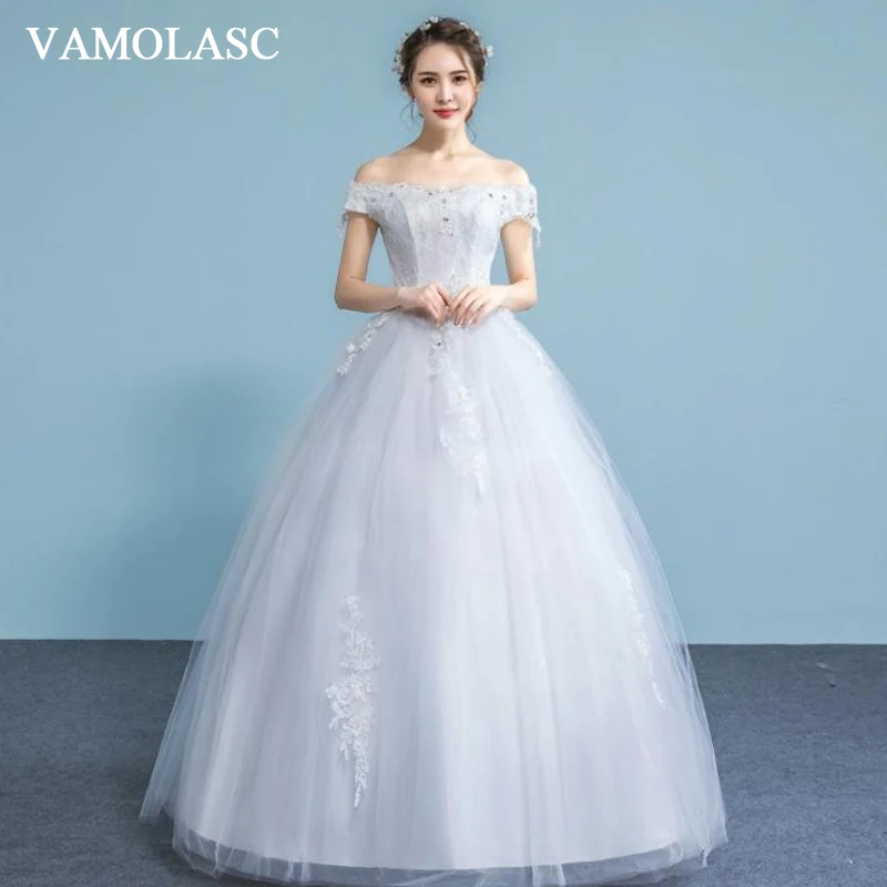 

VAMOLASC Crystal Boat Neck Lace Flowers Appliques Ball Gown Wedding Dresses Off The Shoulder Tulle Bridal Gowns