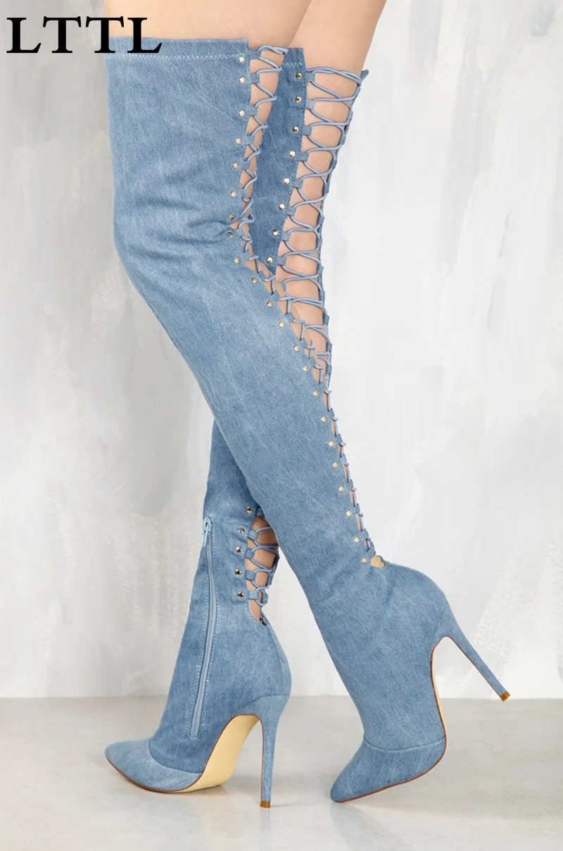 New Fashion Women Pointed Toe Back Open Lace-up Over Knee Denim High Heel Boots Sexy Slim Style Long Jean Gladiator Boots