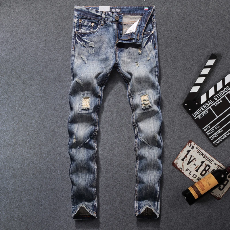 

European American Street Men Jeans Punk Stylish Motor Biker Jeans Men Slim Fit Retro Design Destroyed Ripped Jeans Casual Pants
