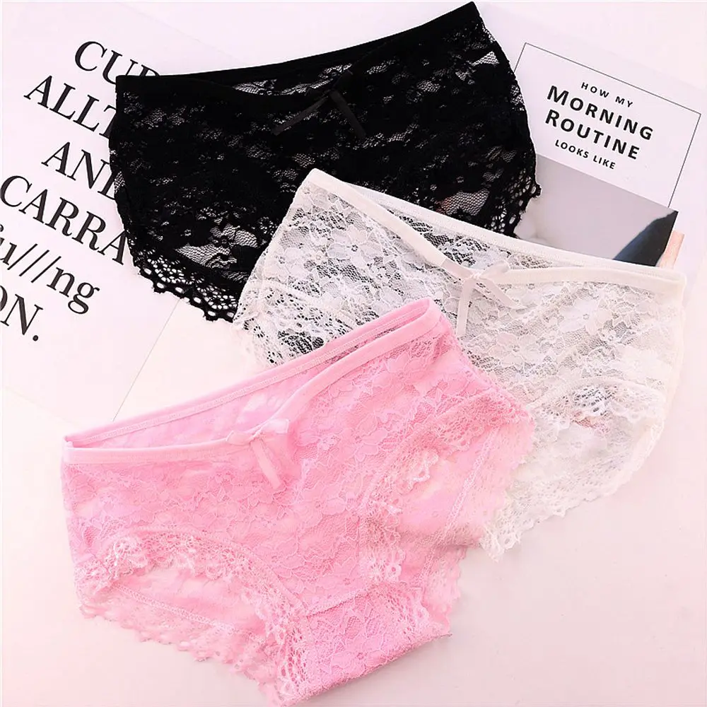 

Women Sexy Breathable Fashion Transparent Low Waist Hollow Floral Bow Full Lace Briefs Women Underwear Girl Panties Lingerie