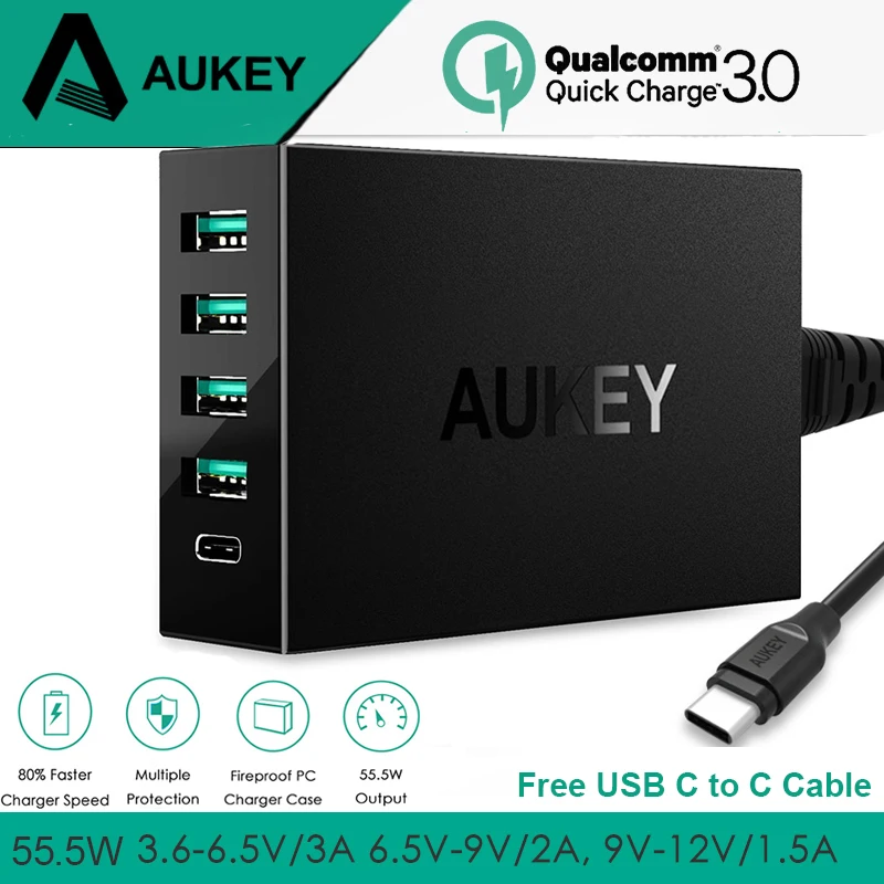 

AUKEY Type C Quick Charge 3.0 Multi USB 5 Port Fast Turbo Wall Charger Phone Desktop Compatible QC 2.0 For All Phones Free Cable