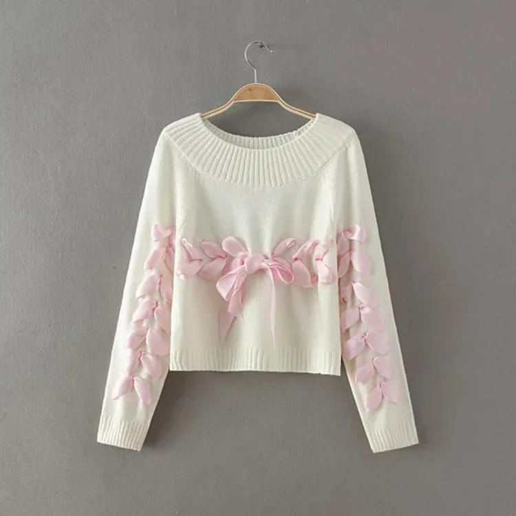 OLGITUM, модный женский свитер, Одноцветный, милый, Шелковый, с бантиком, свободный свитер, вязаный, пуловер, свитер для женщин - Цвет: white