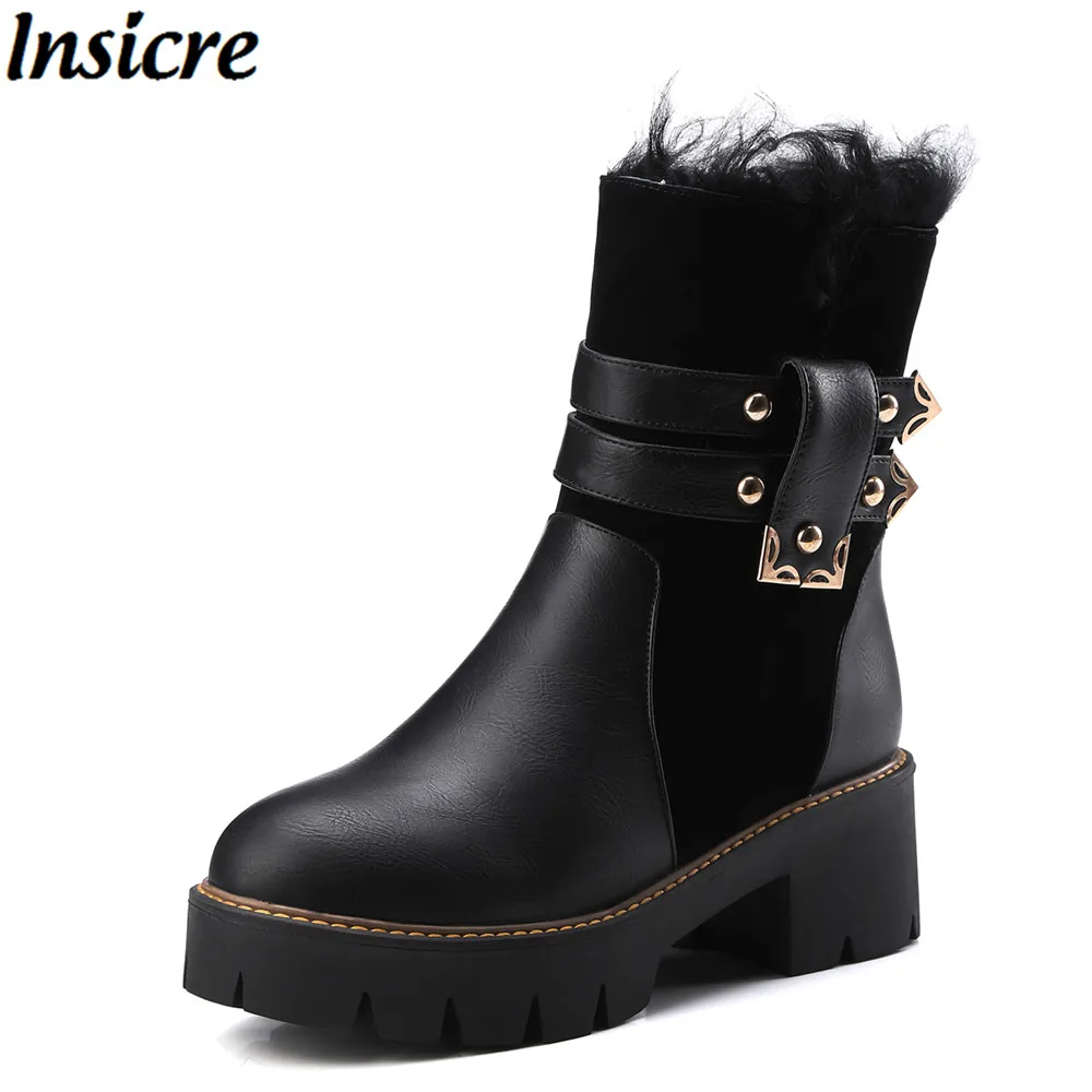 

Insicre 2019 woman ankle boots zipper platform med heel 5 cm shearling Patchwork size 34-43 buckle warm women winter Shoes