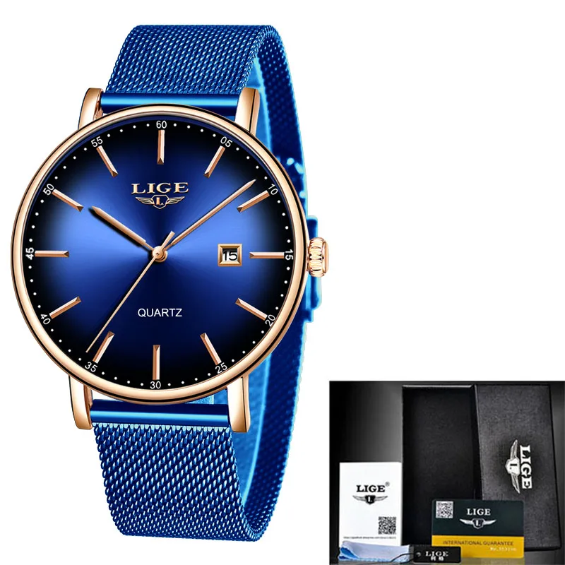 rose gold all blue LIGE модные мужские часы Топ бренд класса люкс Синий водонепроницаемые часы ультра тонкий Дата Простые повседневные кварцевые часы мужские спортивные часы - Цвет: rose gold all blue