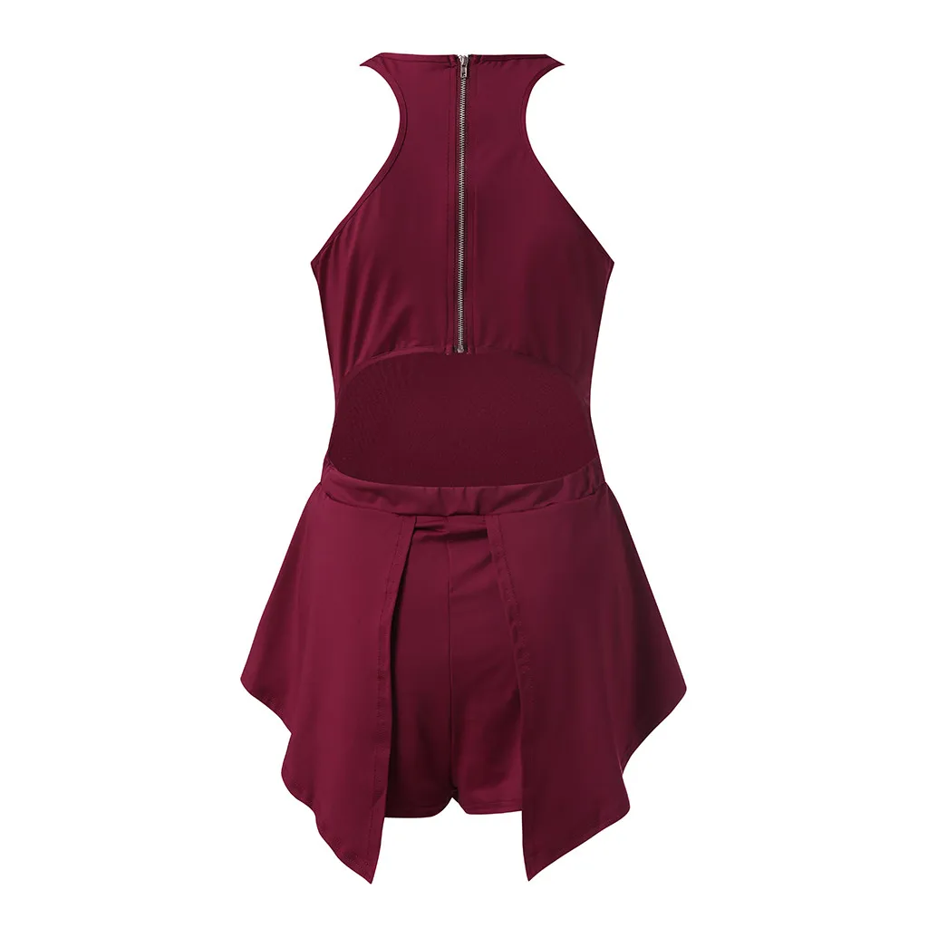 Women jumosuit O-Neck Zippe Solid Irregular Sleeveless Jumpsuit Shorts Romper Bodysuit combishort femme Dropshipping#XB30