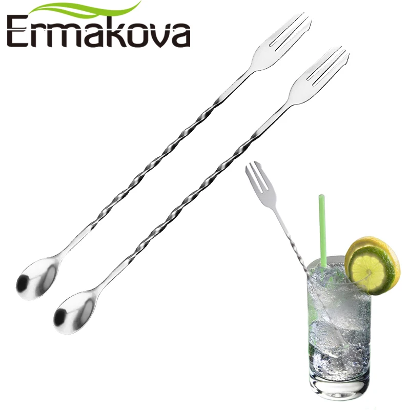 ERMAKOVA Set of 2 Bar Spoon with Fork Spiral Mixing Spoon Long Handle