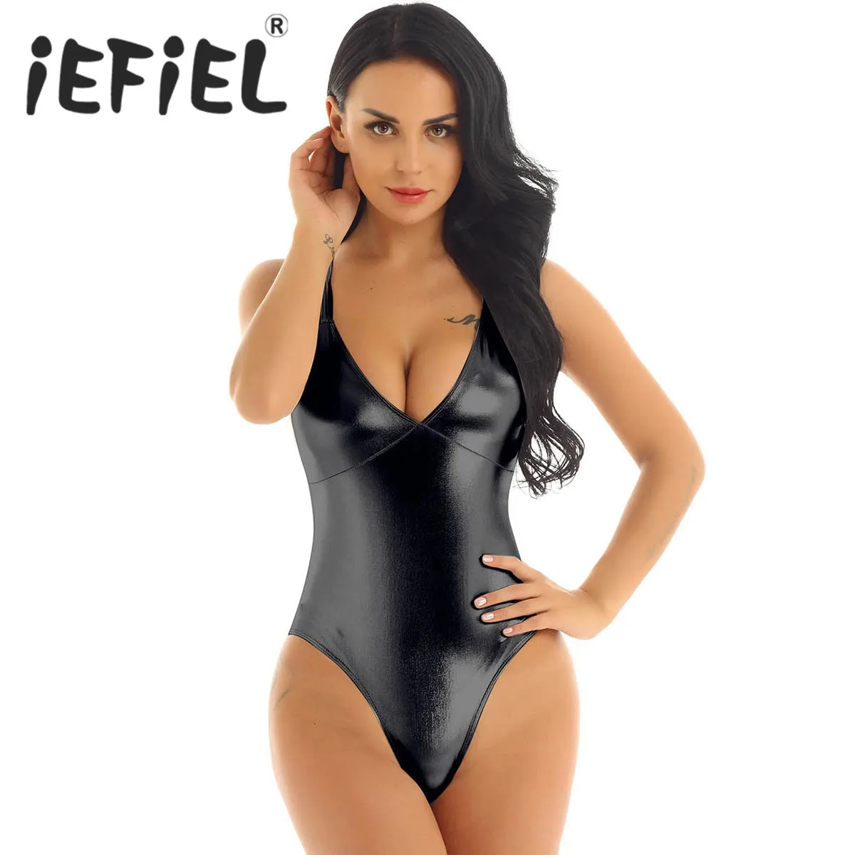 

Fashion Female Women Girls Shiny Metallic Swimsuits V Neck High Cut Strappy Bathing Suits Monokini Swimwear Dancewear Clothes