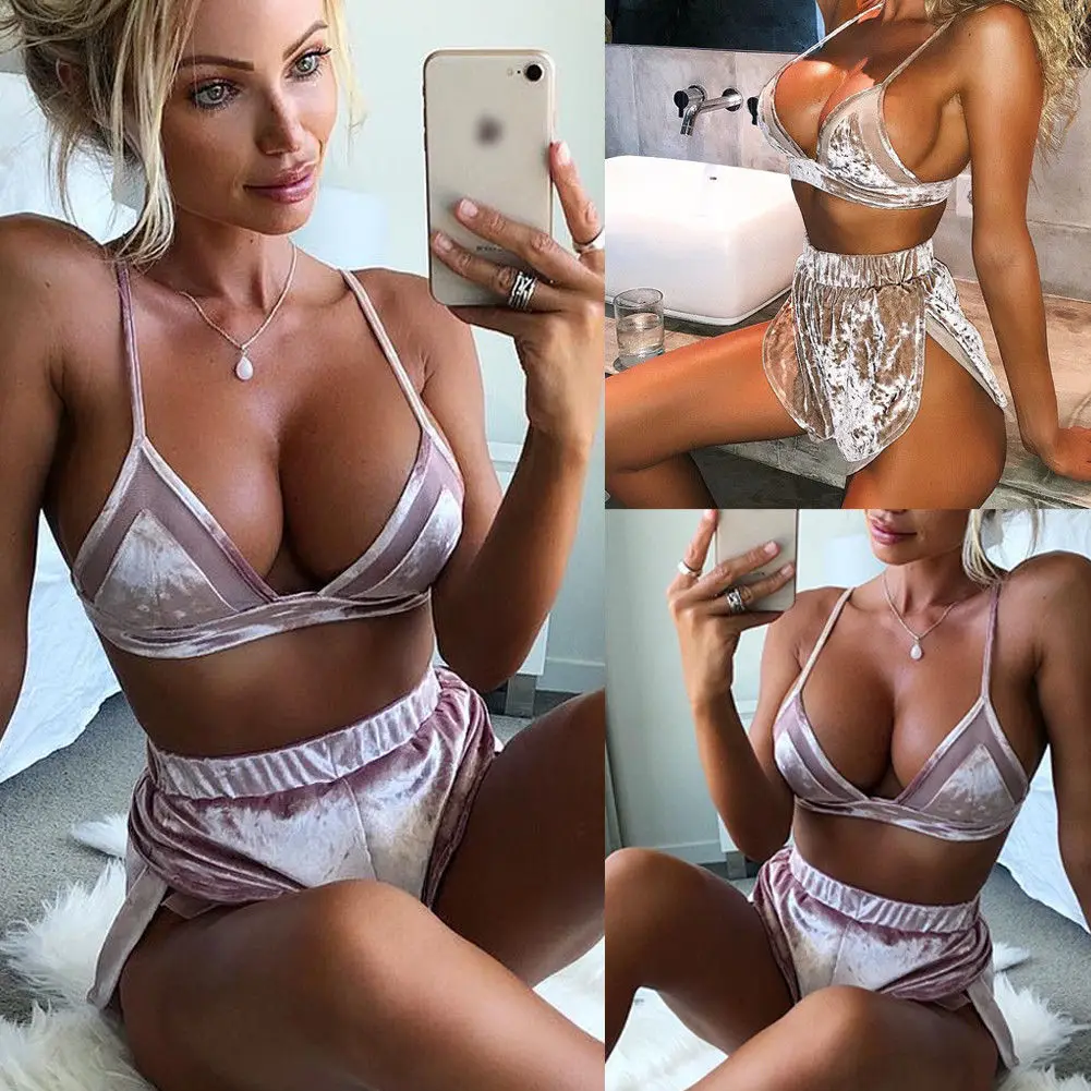 

Summer Women 2 Piece Set Sleeveless Halter Crop Tank Top +Short Pants Velvet Sexy Outfits Set
