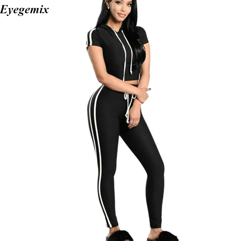 

Tracksuit Women Brand 2019 Casual 2 Piece Set Sweatshirt Pants Suit Black Hooded Jacket Striped Track Suit Female Outfits Set