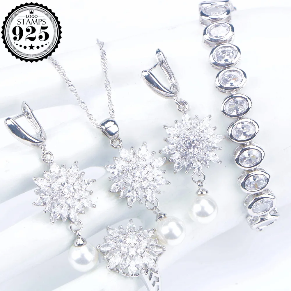 

White Zirconia Bridal Jewelry Sets Women Silver 925 Pearls Jewelry Wedding Bracelet Earrings Ring Necklace Pendant Set Gift Box