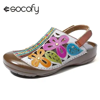 

SOCOFY Genuine Leather Hand Painted Hollow Flowers Pattern Adjustable Hook Loop Women Sandals andals Elegant Shoes Summer New