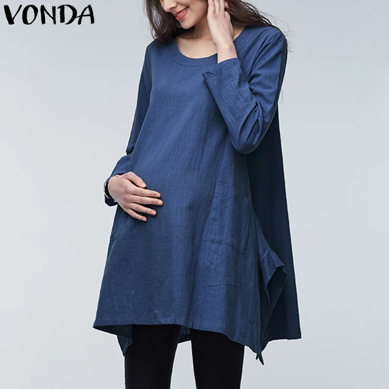 Najtaniej VONDA 2018 Wiosna Kobiet W Ciąży Bluzki Koszule Z Długim rękawem Kieszenie Asymetryczny Podział Blusas Topy Ponadgabarytowych Macierzyński Odzieży