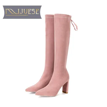 

MLJUESE 2019 women knee high boots Korea stretch fabric winter pink color pointed toe square heel high boots female boots
