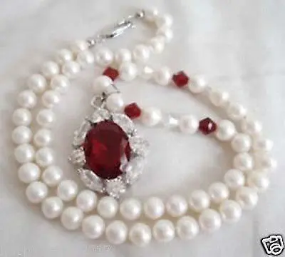 

FREE SHIPPINGT18 Genuine Cultured White Pearl Necklace Ruby Pendant