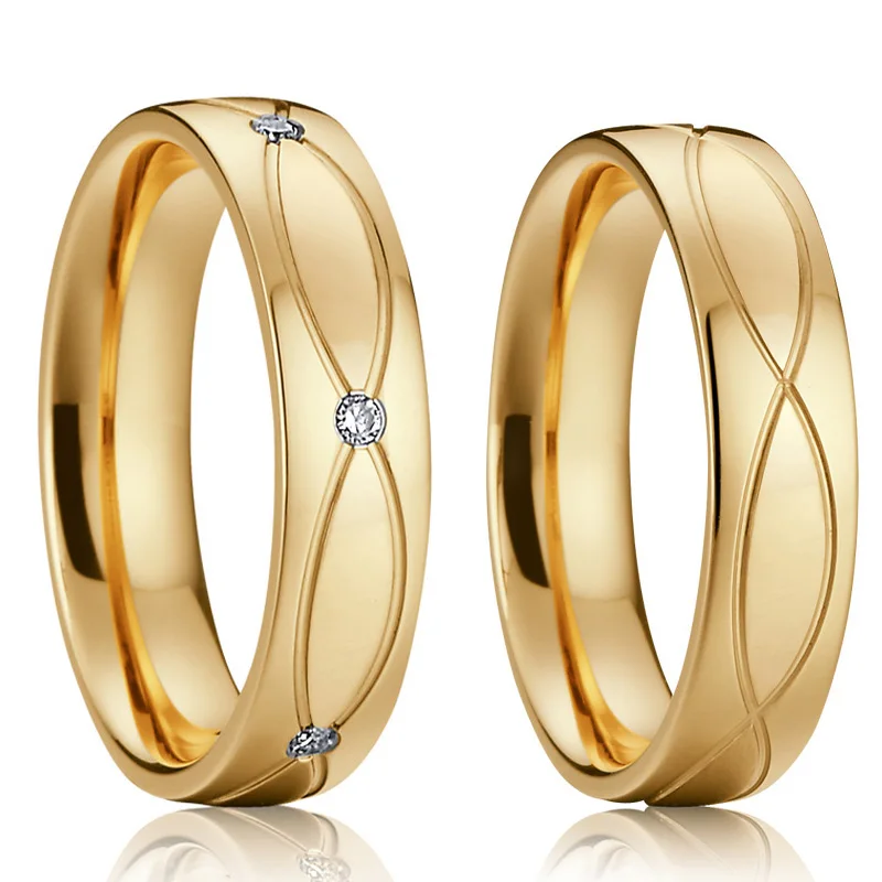 Gypsy Setting Gold Color Wedding Band Engagement Couples Rings pair Men Women's rings anel ouro anillos 6pcs cz stones (1)