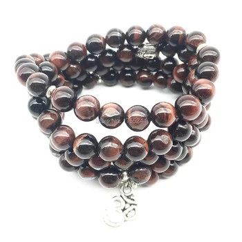 

SN1363 Trendy Design Men`s Yoga Bracelet Natural 8 mm Red Tiger Eye Stone Jewelry Balance Healing Ohm Necklace Free Shipping