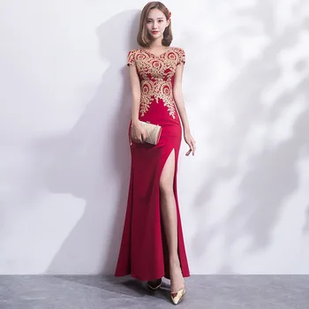

2019 Embroidery Cheongsam Long Traditional Chinese Vintage Dress Red Mermaid Wedding Gown Sexy Split Qipao Dresses Modern