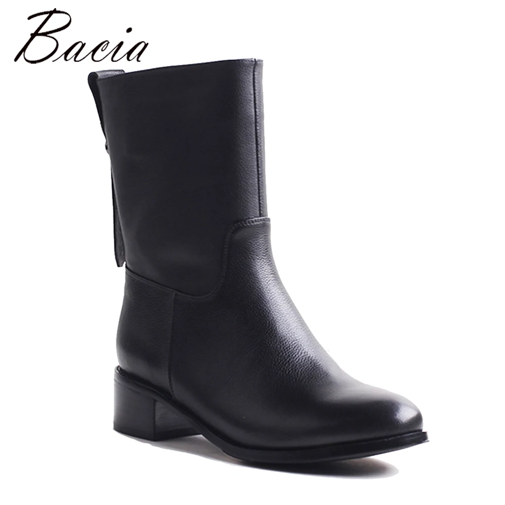 Bacia Motocycle Boots Thick Shortplush Mid Calf Boots Square Heels Full Grain Leather Shoes Genuine Leather