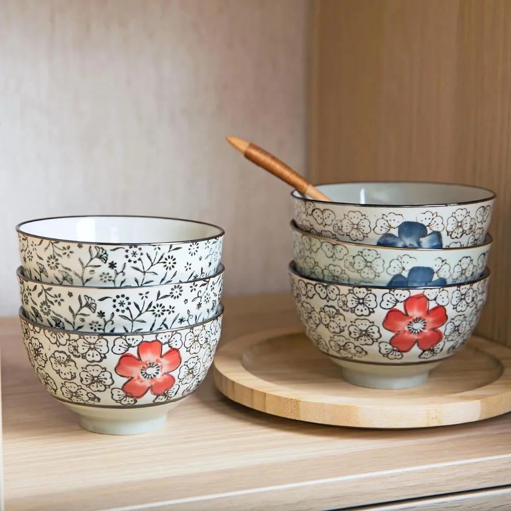 

OTHERHOUSE 1Pc Ceramic Bowl Rice Bowl Kitchen Tableware Fruit Salad Bowl Under Glazed Porcelain Dinnerware Soup Bowls Japanese