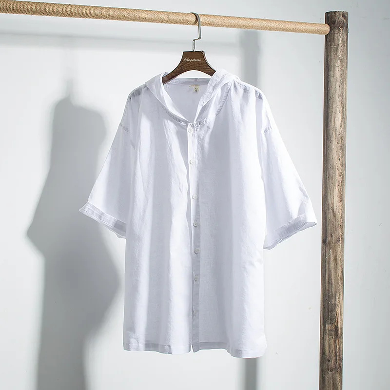 

New Men's Hoodie Shirts Casual Men Cotton Linen Short-Sleeved Hooded Sports Shirt Solid Tops Male Spring Summer Clothing TS-500