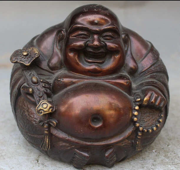 

006614 Lucky Chinese Bronze Copper Wealth RuYi Happy Smile Maitreya Buddha Bead Statue