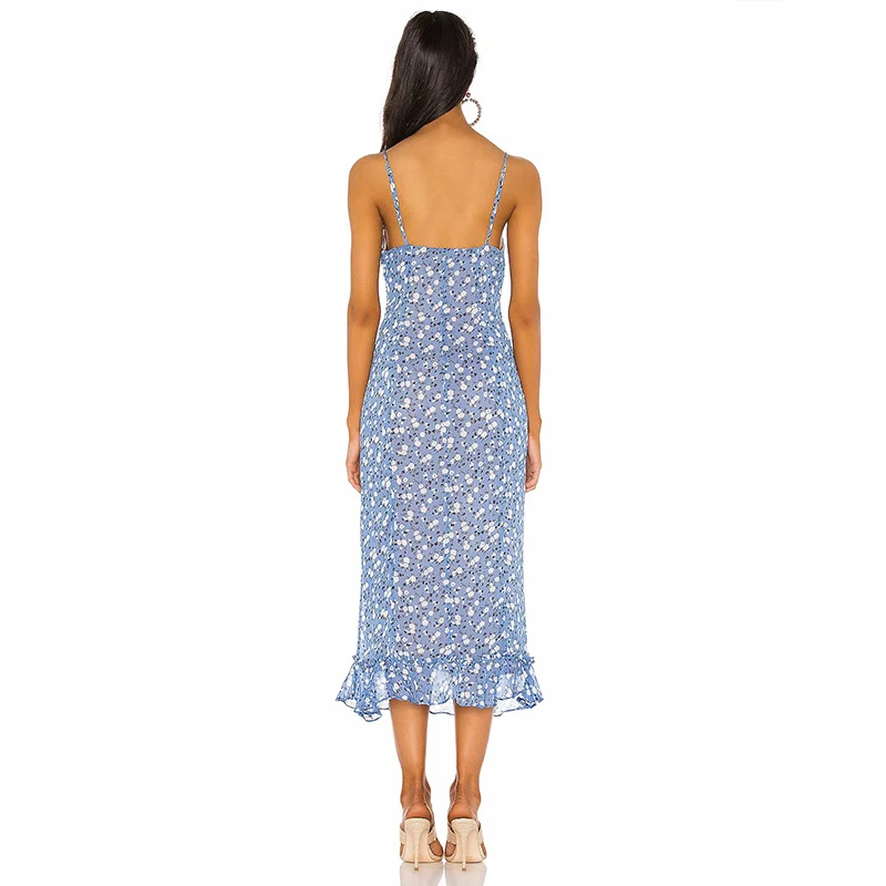 Элегантное винтажное летнее платье с принтом, синее, v-образный вырез, без рукавов, подкладка, оборки, высокая талия, тонкое, на тонких бретельках, ins, раздельное, вечернее платье